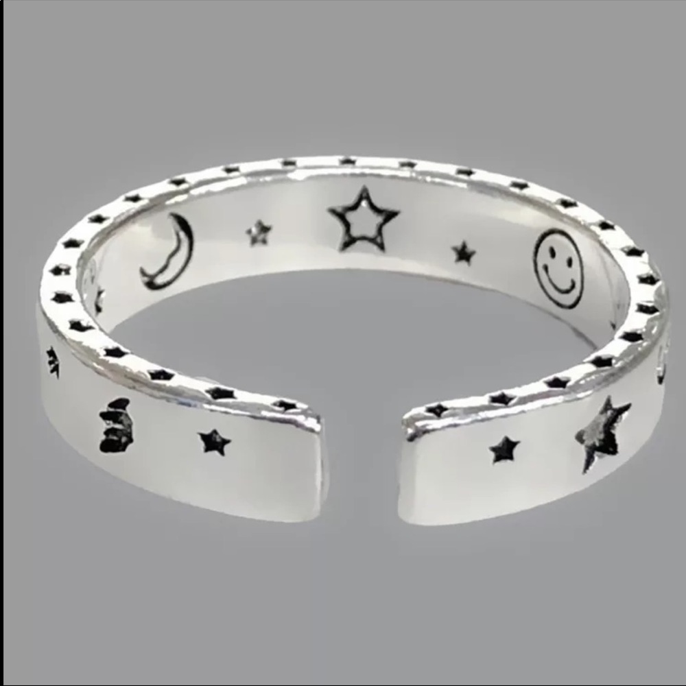 New Vintage 925 Silver Carved Moon Star Open Ring - Picture 3 of 6